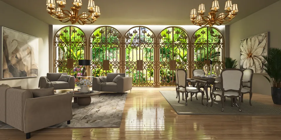 Living room with elegant furniture arrangement showcasing a classic design style, enhancing the aesthetic value of the space using Homestyler's real-time 3D rendering feature.