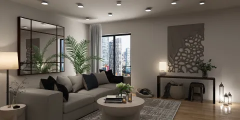 contemporary living room design showcasing a cozy sofa and stylish decor with ample natural light, using Homestyler's real-time 3D rendering for enhanced visualization