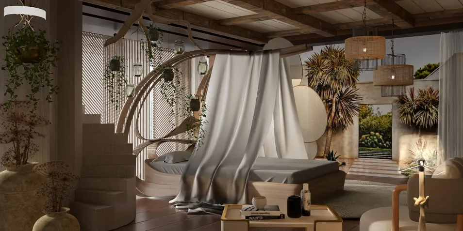 modern bedroom design featuring a stylish bed with draped fabric and natural elements, showcasing a cozy atmosphere with integrated greenery, using Homestyler's real-time 3D rendering for effective space visualization.