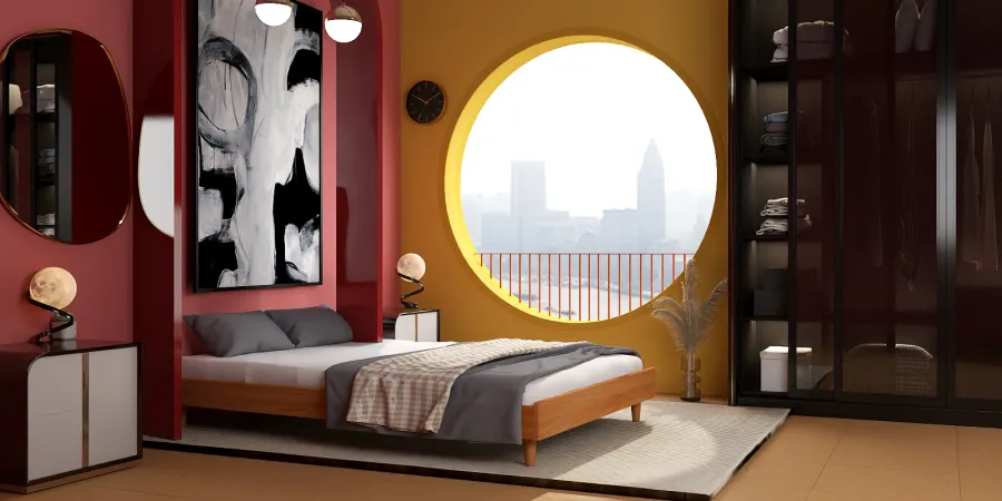 a bedroom with a bed, mirror and a window 