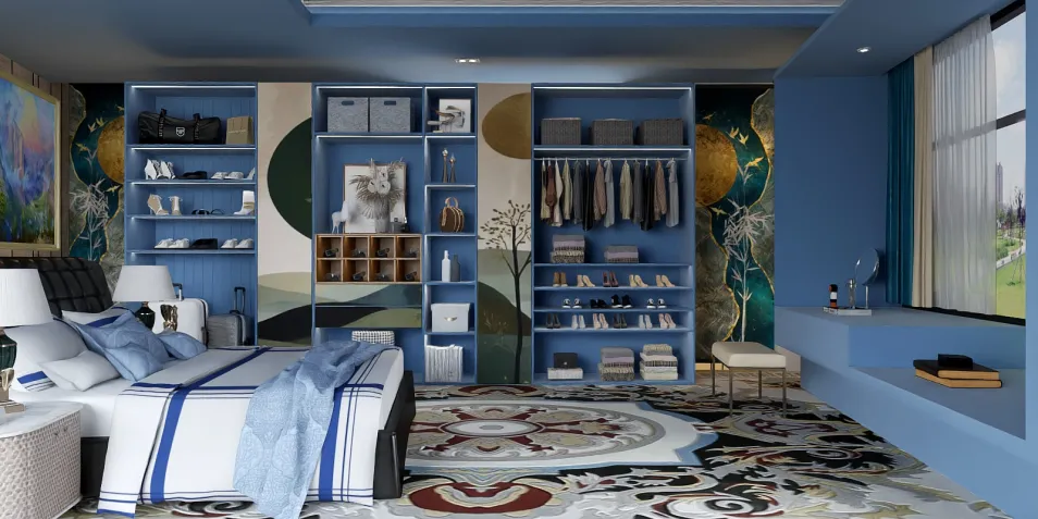 modern bedroom design featuring a blue color scheme and open shelving for storage, utilizing Homestyler's real-time 3D rendering for a realistic preview of the interior decor