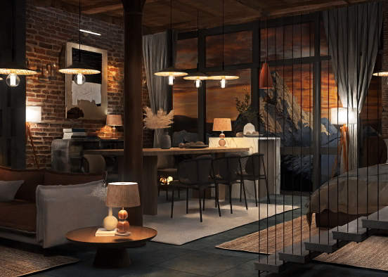 Industrial style dining room in a small Design Rendering