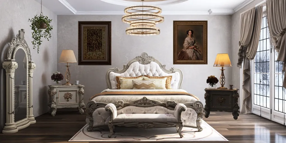 luxurious bedroom with ornate furniture featuring a vintage chandelier, showcasing classic decor; ideal for sophisticated interior design; utilizes Homestyler's real-time 3D rendering for quick visual previews.