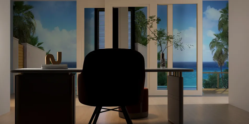 modern office interior design showcasing a stunning ocean view, featuring a sleek desk arrangement utilizing Homestyler's real-time 3D rendering for quick design previews.