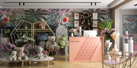 vibrant reception area showcasing floral arrangements and teddy bears, enhancing customer experience in a retail space with smart furniture layout feature from Homestyler.