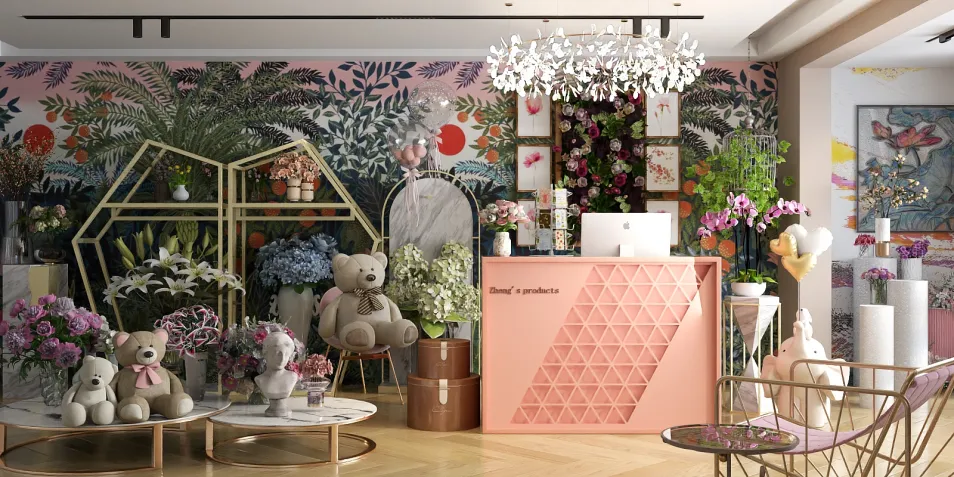 Floral-themed reception area featuring bear decorations and vibrant plant displays, designed with modern materials to enhance customer engagement, showcasing Homestyler's real-time 3D rendering feature.