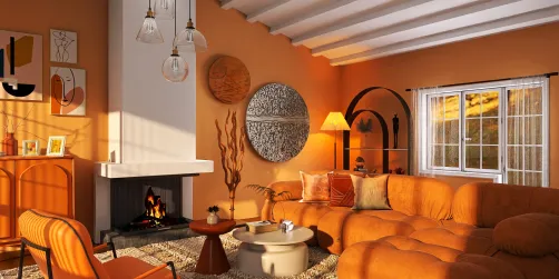 Modern living room featuring a cozy seating arrangement around a fireplace, designed in warm earthy tones, showcasing a blend of contemporary and rustic styles, with a focus on interior decor optimization using Homestyler's real-time 3D rendering feature.