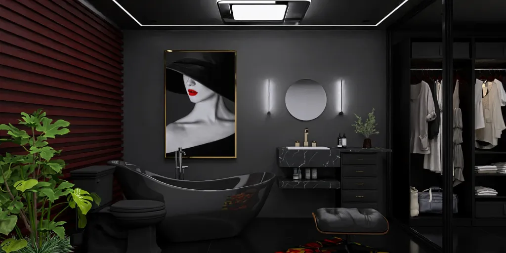 a bathroom with a large mirror and a tub 
