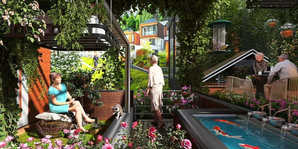 lush garden scene with a seating area and pool designed in a modern style, showcasing outdoor living space optimization with Homestyler's AR furniture placement feature.