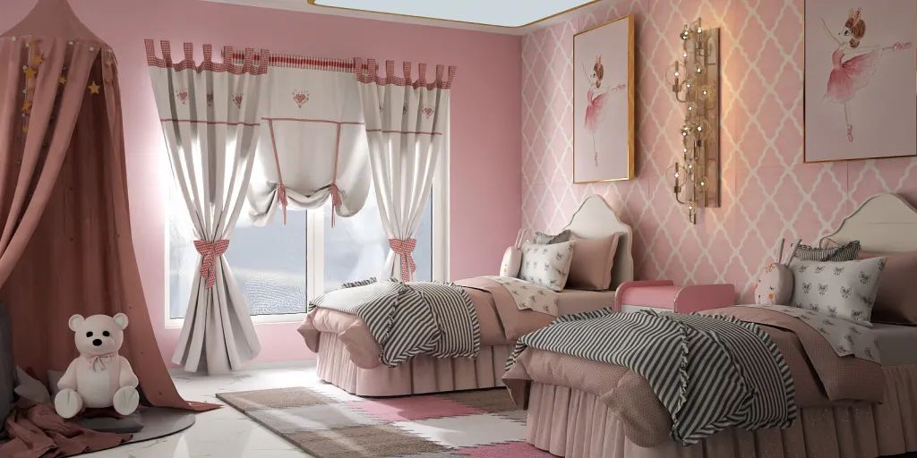 a room with a pink teddy bear sitting on a bed 