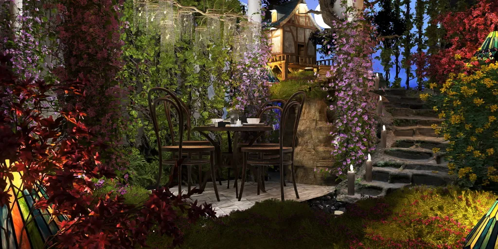 a garden with flowers and a table with a vase of flowers 