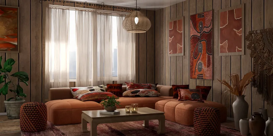 cozy living room with modern furniture arranging in a warm style featuring wooden walls and artistic decor, showcasing Homestyler's real-time 3D rendering for interior design visualization.