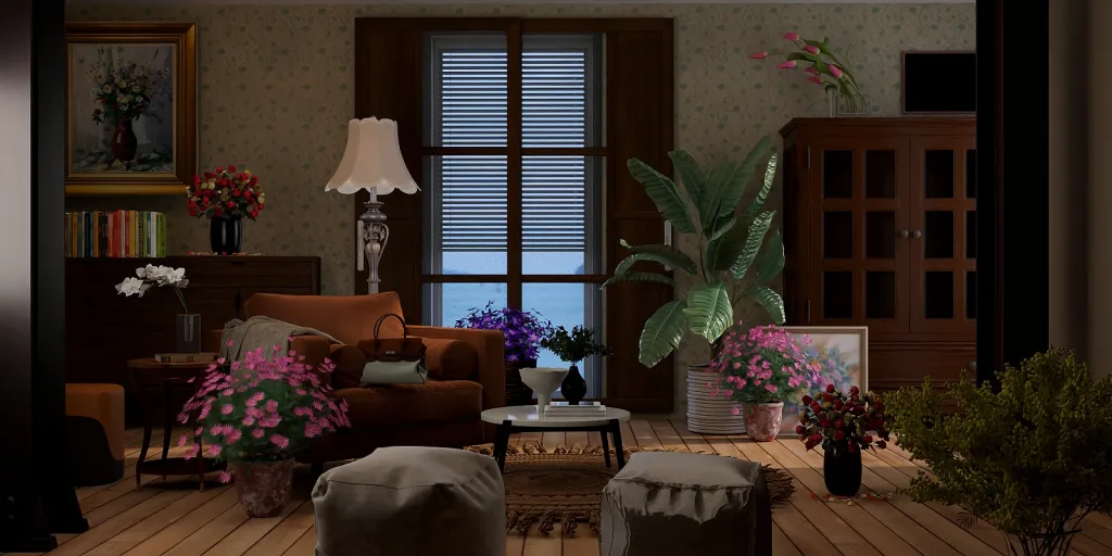 a living room with a couch, table, and a flower arrangement 
