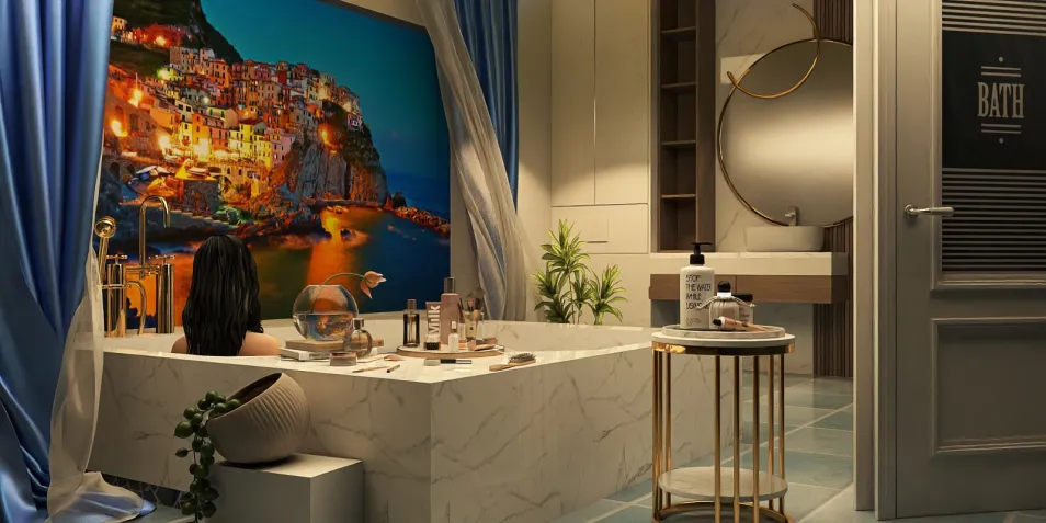 A serene bathroom featuring a freestanding bathtub where a person enjoys a relaxing soak, complemented by a vibrant coastal painting and luxurious decor, showcasing modern interior design with a focus on spa-like ambiance, utilizing Homestyler's real-time 3D rendering feature for an immersive design experience.
