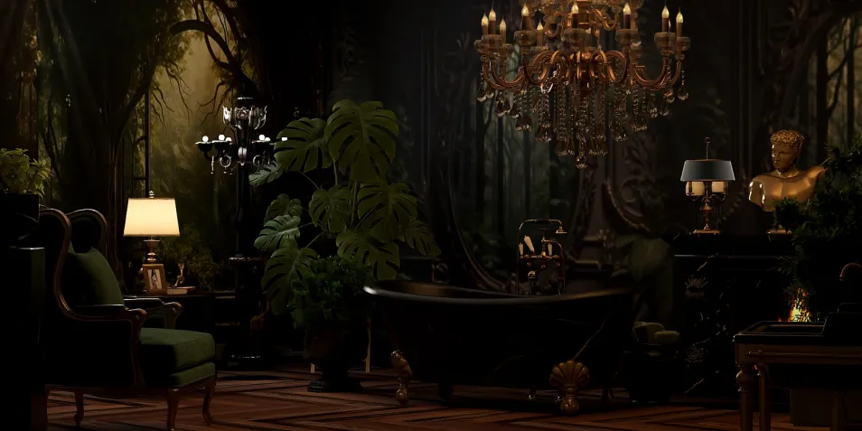 luxurious bathroom featuring a vintage bathtub illuminated by a chandelier in an elegant style, showcasing interior decor principles with Homestyler's real-time 3D rendering feature