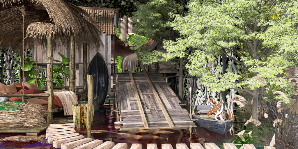 a wooden walkway with a bunch of trees 