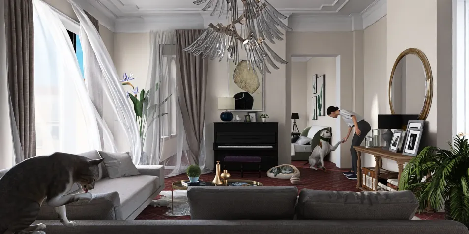 living room with furniture arrangement in contemporary style featuring a woman and pets, enhancing home comfort through interior decor, utilizing Homestyler's real-time 3D rendering for design visualization.