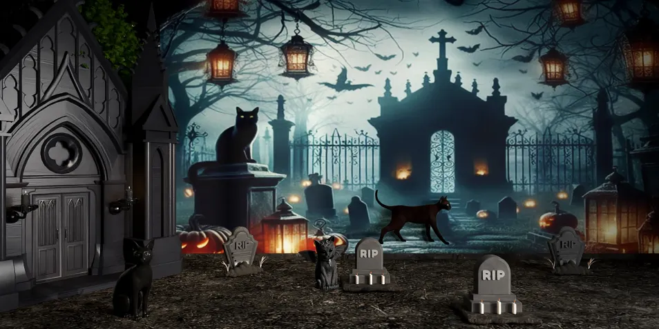 halloween themed graveyard design featuring black cats and tombstones enhancing a spooky atmosphere in a 3D interior layout using Homestyler's AR virtual furniture placement feature.
