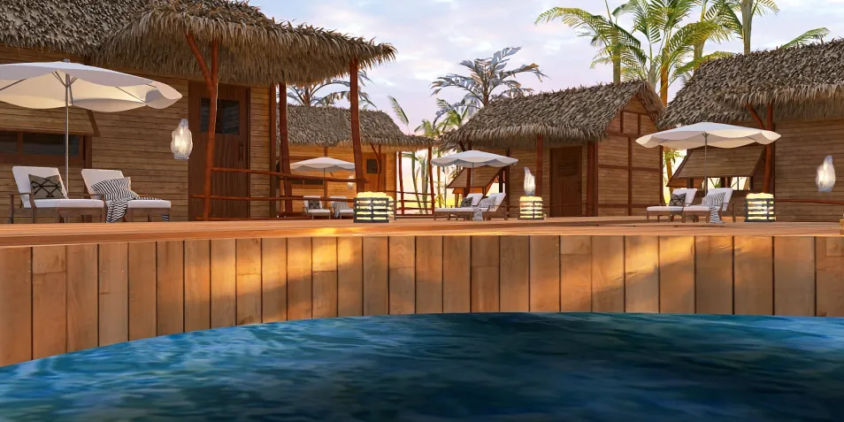 tropical resort bungalows featuring outdoor loungers and umbrellas, enhancing relaxation in an idyllic beachfront setting, showcasing a 3D rendering using Homestyler's real-time rendering feature.
