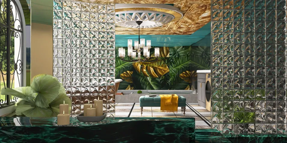 modern interior design showcasing a vibrant kitchen with tropical wallpaper and reflective glass walls, utilizing Homestyler's real-time 3D rendering feature to visualize the space in stunning detail.