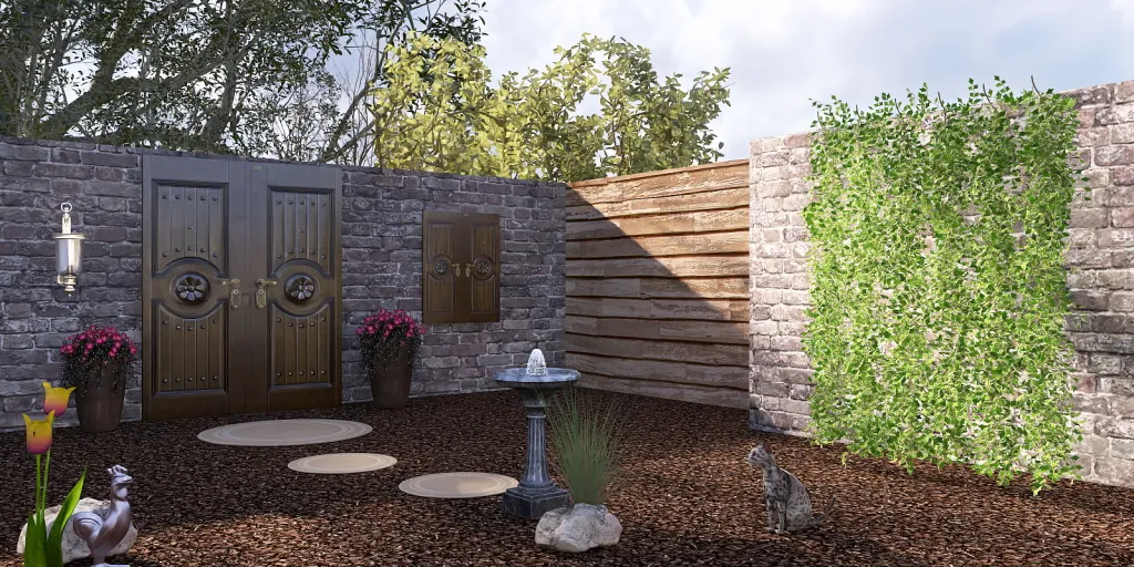 a stone wall with a bench and a garden 