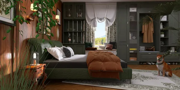 Cozy green bedroom featuring a stylish bed and organized storage, designed with an elegant modern style, utilizing Homestyler's real-time 3D rendering for an accurate preview of interior decor.