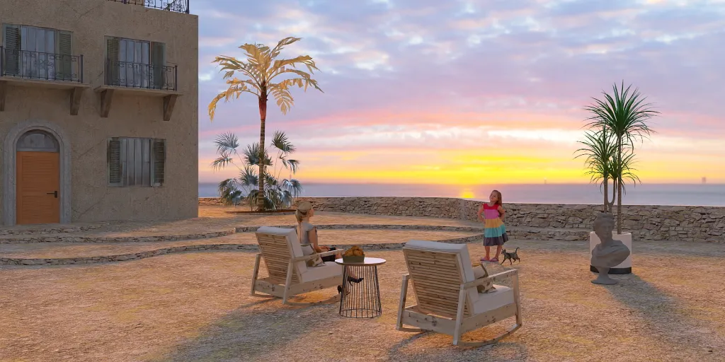 a beach with a chair and a table with chairs 