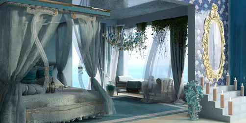 luxurious bedroom design featuring a canopy bed and elegant seating area with ocean view, incorporating smart furniture arrangement for optimized space; showcasing Homestyler's real-time 3D rendering capability.