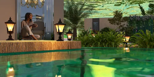 woman relaxing by a tranquil poolside lounge area in a luxurious tropical setting with elegant lanterns and lush greenery, showcasing a serene outdoor space design with Homestyler's real-time 3D rendering feature.