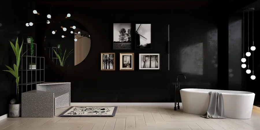 a bathroom with a white toilet and a black and white vase 