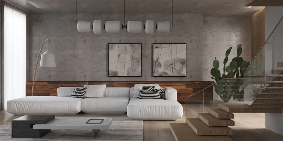 modern living room design featuring a spacious white sectional sofa with textured cushions, placed against a concrete wall with abstract art, complemented by wooden accents and indoor plants, showcasing Homestyler's real-time 3D rendering capability for interior decor.