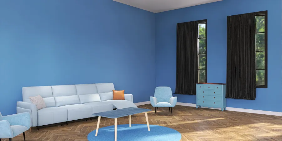 a living room with a blue couch and blue chairs 