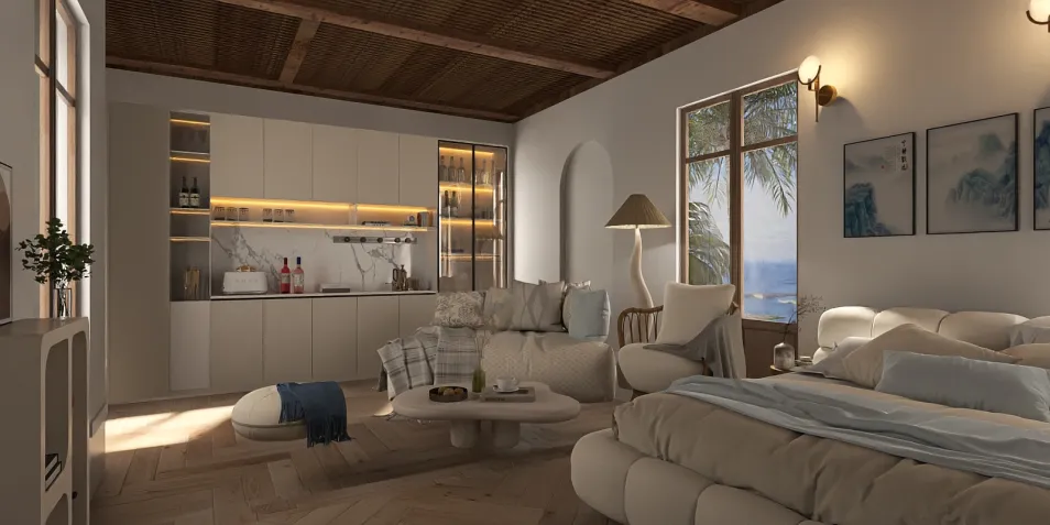 modern living room furniture arrangement with a cozy atmosphere featuring neutral tones and wooden accents in a beachfront apartment design, utilizing Homestyler's real-time 3D rendering feature for fast preview.
