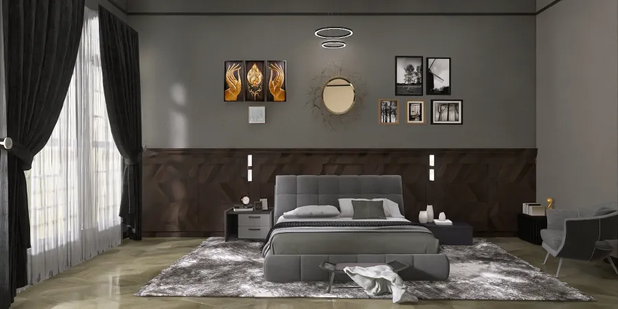 a bed room with a bed, a desk, and a painting 