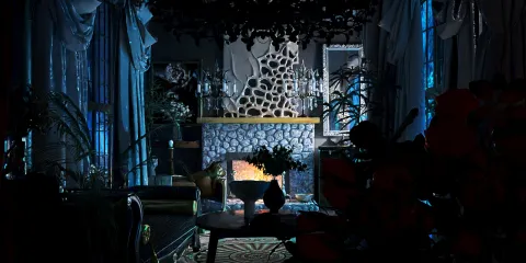 luxurious living room featuring a cozy fireplace surrounded by elegant furnishings in a modern style, showcasing interior decor ideas with Homestyler's real-time 3D rendering feature for instant visual previews.