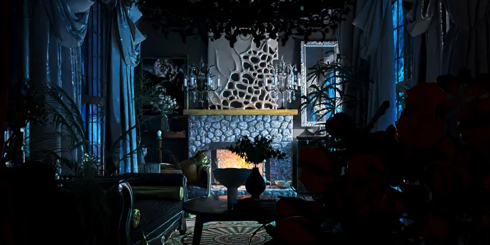 luxurious living room featuring a cozy fireplace surrounded by elegant furnishings in a modern style, showcasing interior decor ideas with Homestyler's real-time 3D rendering feature for instant visual previews.