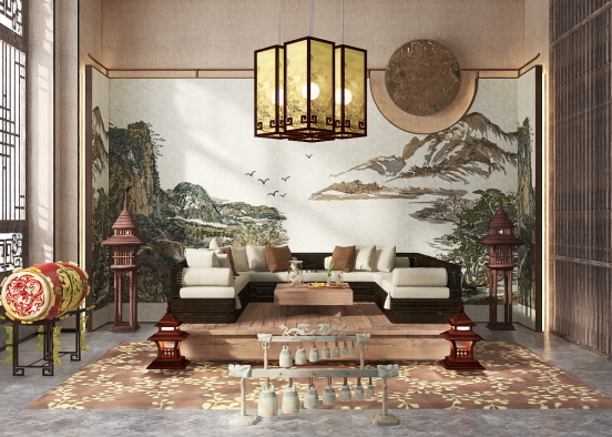 Salon dans un temple en Chine  Design Rendering