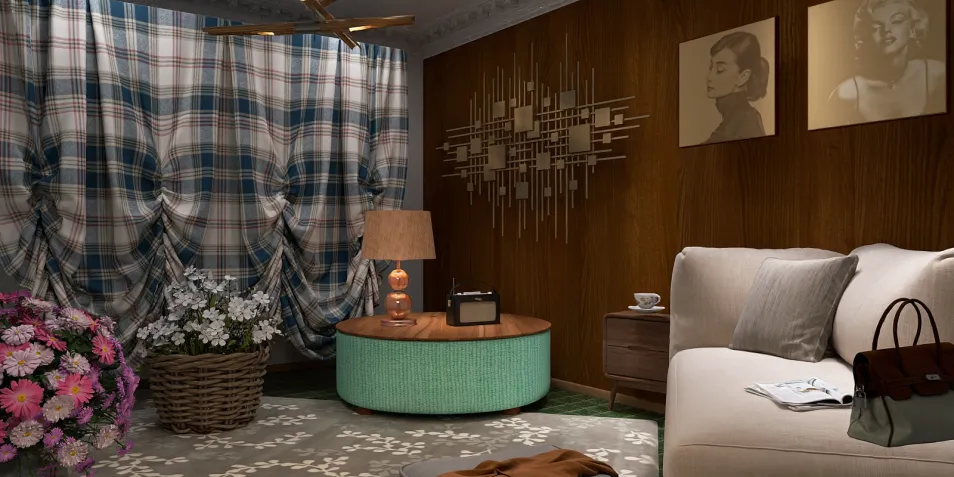 cozy living room furniture arrangement using smart furniture layout in a vintage style, showcasing interior decor elements for efficient space optimization with Homestyler's real-time 3D rendering feature.