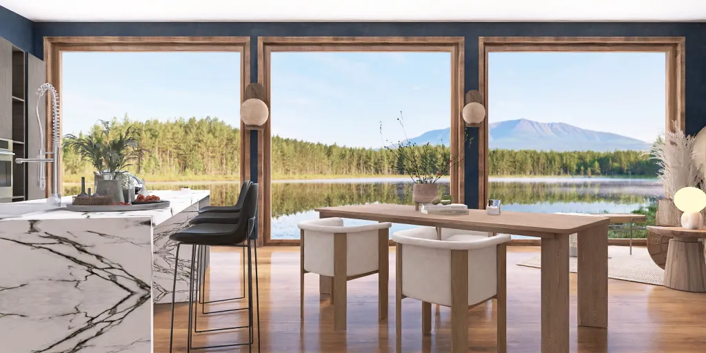 a living room with a table and chairs and a lake 