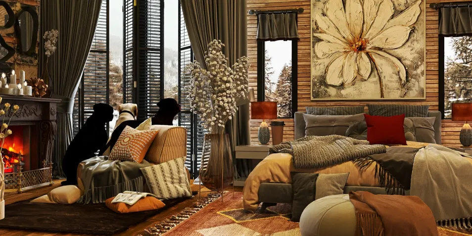 Cozy living area with a warm fireplace and stylish decor, showcasing a modern rustic design, highlighting the use of Homestyler's real-time 3D rendering feature for interior design planning.