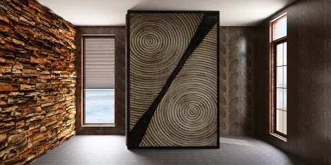 interior wall design featuring a textured circular art piece, enhancing the modern rustic style of the living space, showcasing Homestyler's 3D rendering capabilities for realistic design proposals.