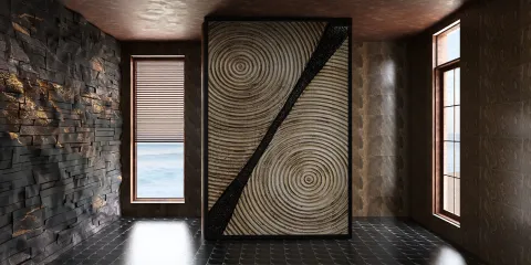 feature wall design with circular patterns and contrasting textures showcasing modern interior aesthetics in a waterfront living space, utilizing Homestyler's real-time 3D rendering for design proposal visualization.