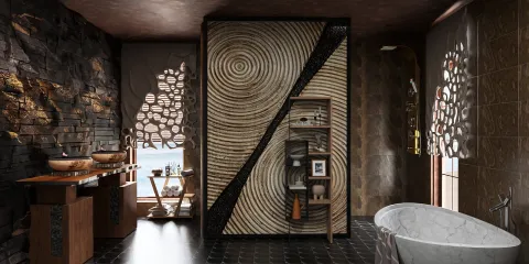 luxurious bathroom featuring intricate stone wall design and modern furniture arrangement in a contemporary style, showcasing the real-time 3D rendering feature of Homestyler.