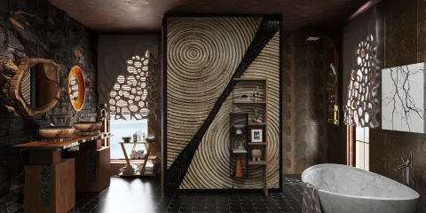 modern bathroom design featuring stone textures and natural accents, showcasing the use of Homestyler's real-time 3D rendering for effective space visualization.