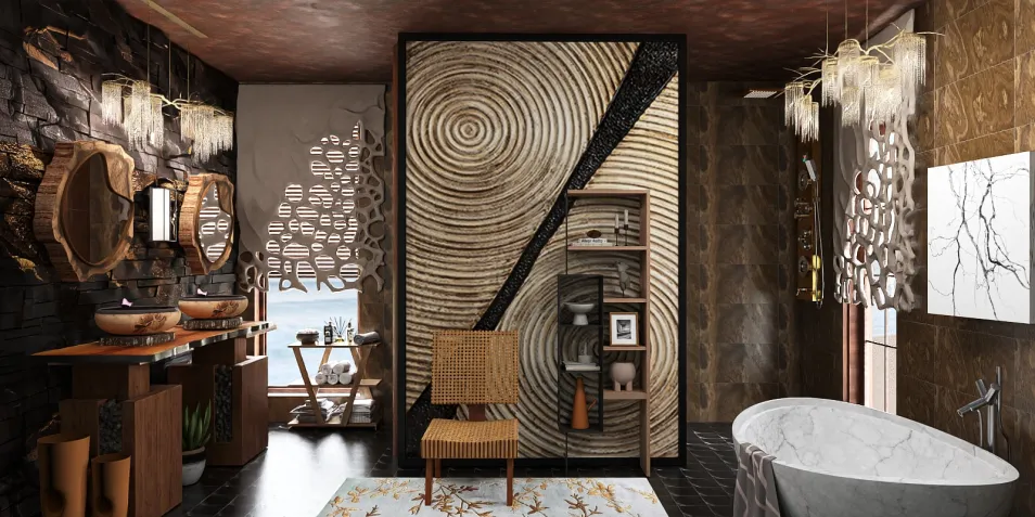 luxurious bathroom with unique wall design featuring circular patterns and wooden elements, showcasing interior decor style, utilizing Homestyler's live 3D rendering function for realistic preview.
