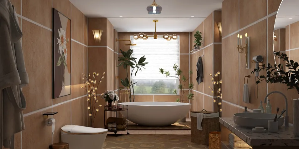 Modern bathroom design featuring a freestanding bathtub with natural decor, showcasing a cozy and warm ambiance. Utilizing Homestyler's real-time 3D rendering for an immersive viewing experience.