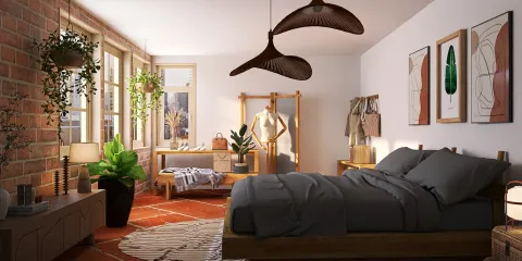 bedroom interior design featuring a cozy layout with plant decorations, showcasing a modern style with earthy tones and warm lighting, utilizing Homestyler's real-time 3D rendering for an accurate design preview.