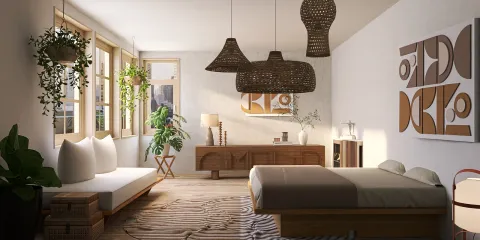 modern bedroom design featuring a wooden bed and woven pendant lights, creating a cozy atmosphere with natural elements, showcasing Homestyler's real-time 3D rendering capabilities.