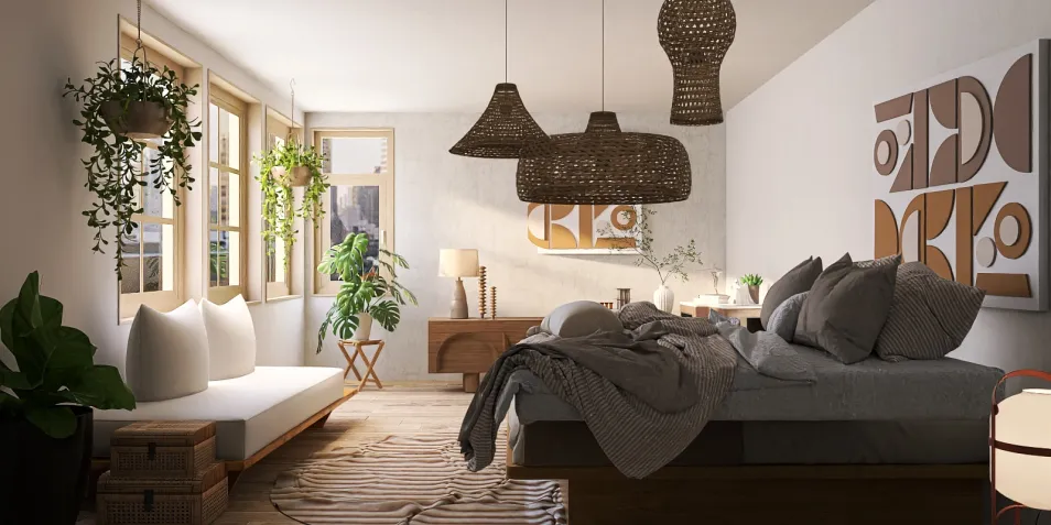 Cozy bedroom design featuring a comfortable bed and natural lighting, accented with woven pendant lamps, reflecting a modern bohemian style, showcasing Homestyler's real-time 3D rendering feature for quick design previews.