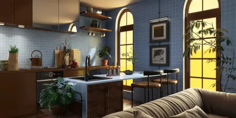 modern kitchen design featuring open shelving and large windows, showcasing a cozy atmosphere with plants and a breakfast bar, highlighting Homestyler's real-time 3D rendering capabilities.